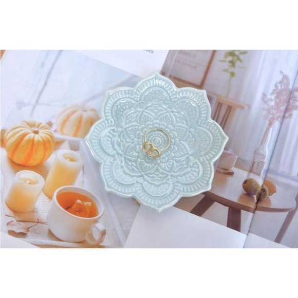 Indie Mandala Floral Blue Boho Hamsa Jewelry Trinket Ring Dish Ceramic Holder - Picture 3 of 8